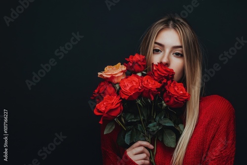 A woman wearing a cozy red sweater holds a bouquet of red roses against a dark background, evoking a sense of elegance and tranquility.