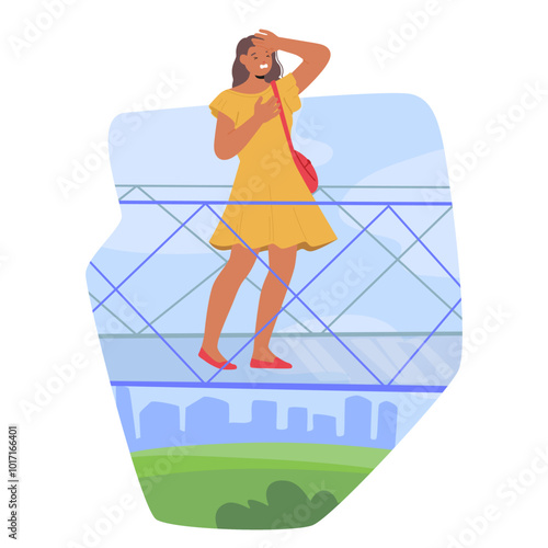 Woman Feeling Fear While Walking On A Glass Bridge Overlooking A Cityscape. Vector Image Represents Height Phobia