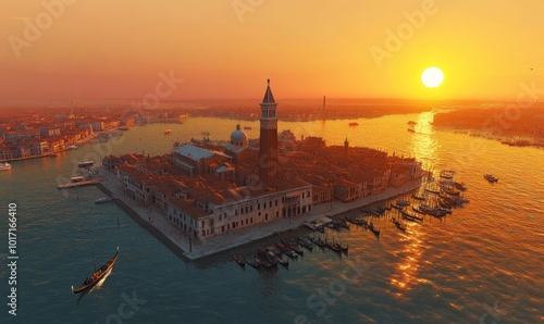 Aerial view of Venetian harbour and lighthouse at sunset