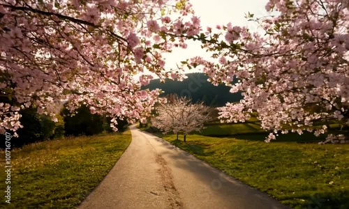 Pink Dogwood Blossoms Along a Quiet Country Lane