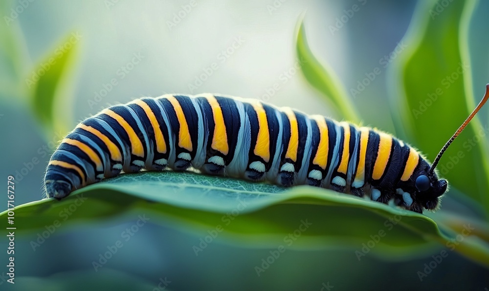 Close up image of Monarch caterpillar crawling on leaves of Swan Tree in the garden Close up image of Monarch caterpillar crawling on leaves of Swan Tree in the garden