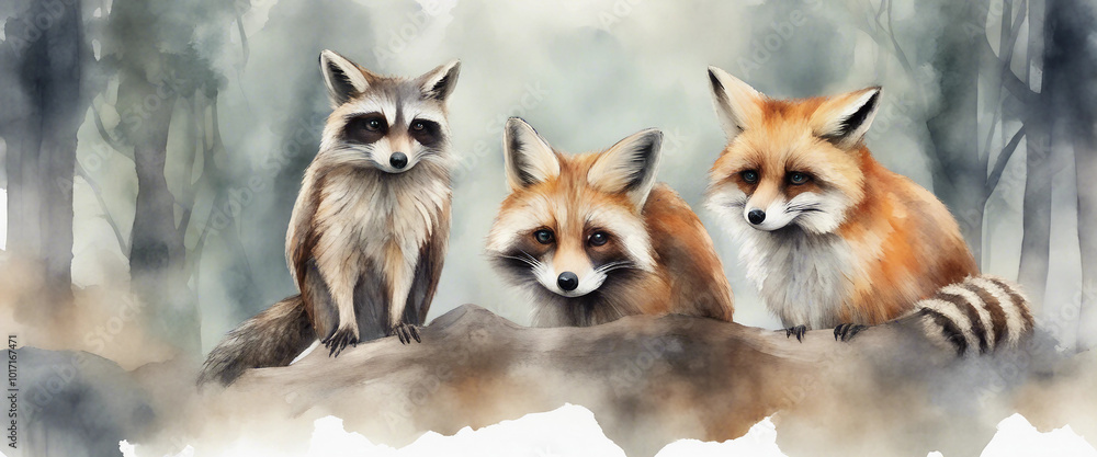 Fototapeta premium Safari Animal set fox raccoon and owl in watercolor style Isolated vector illustration