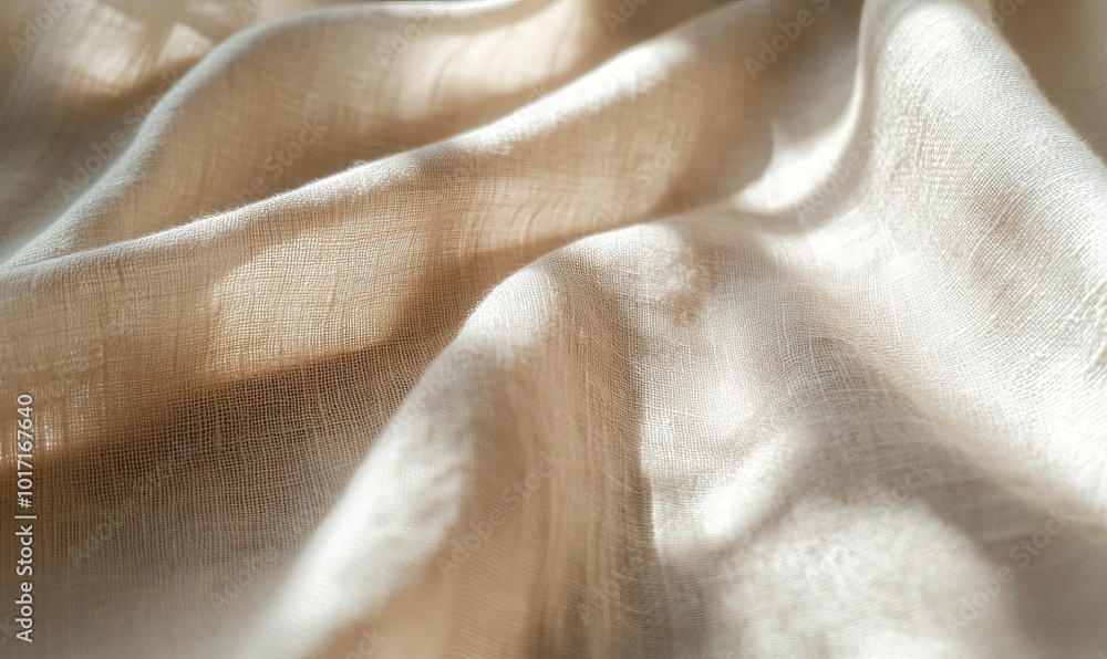 Fototapeta premium Close-up of neutral beige linen and soft sunlight