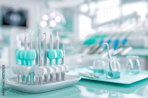 The dental assistant meticulously arranges a variety of dental tools on a tray in a clean and bright clinic. This busy afternoon highlights professionalism and care in dentistry photo