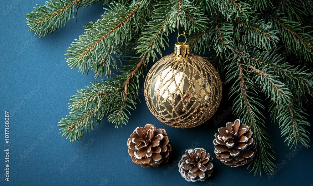 A Christmas tree with a gold ornament and pine cones on a blue background A Christmas tree with a gold ornament and pine cones on a blue background