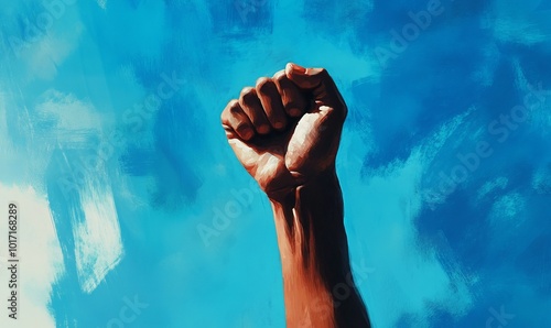 A fist is raised in the air with a blue background photo