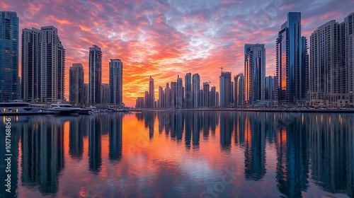 A vibrant sunrise casts a warm glow over a modern city skyline reflected in the calm waters of a marina.