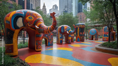 A city square with whimsical, circus-themed bicycle racks shaped like elephants, clowns, and trapeze artists photo