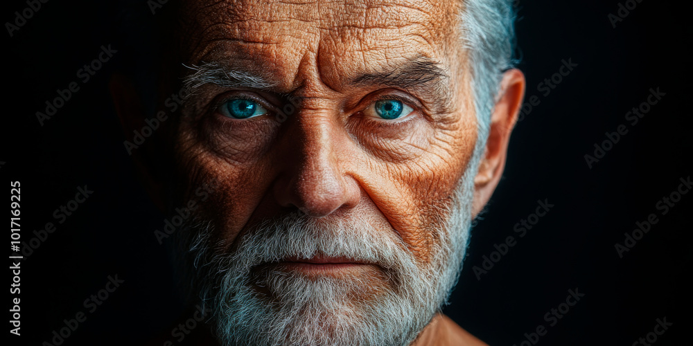 Close-up portrait of an older man with deep blue eyes and a grey beard, conveying wisdom and experience. Ideal for use in health, wellness, aging awareness, or men's lifestyle and care campaigns. Close-up portrait of an older man with deep blue eyes and a grey beard, conveying wisdom and experience. Ideal for use in health, wellness, aging awareness, or men's lifestyle and care campaigns.