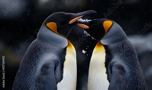 A rare melanistic king penguin (Aptenodytes patagonicus), feeding its okum boy chick at photo