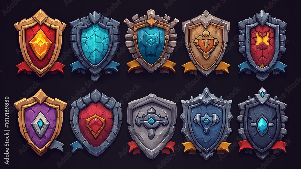 UI kit of stone-themed game icons, with medieval-style frames, shields, and banners, suited for RPG elements UI kit of stone-themed game icons, with medieval-style frames, shields, and banners, suited for RPG elements