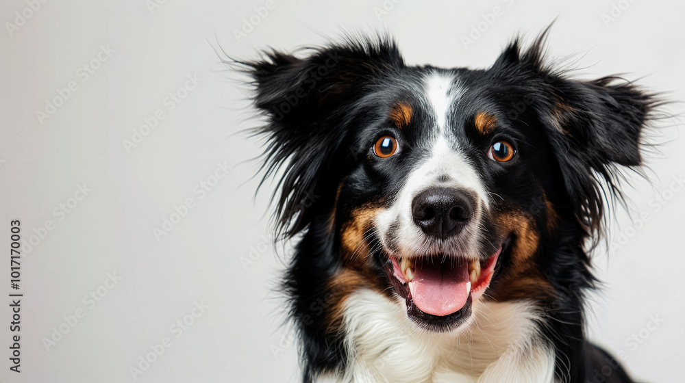 Dog with a black and white coat and brown spots is smiling Dog with a black and white coat and brown spots is smiling