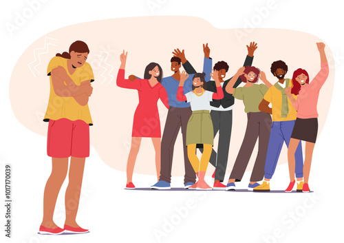 Illustration Depicts Cartoon Female Character Isolated And Experiencing Fear While A Group Is Joyfully Gathered Around