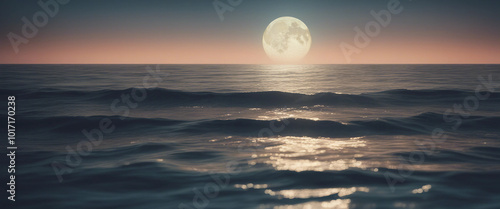 The full moon illuminates the waters of the ocean 3D rendering