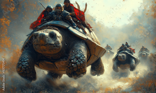 Fantasy flying huge turtles with riders. photo