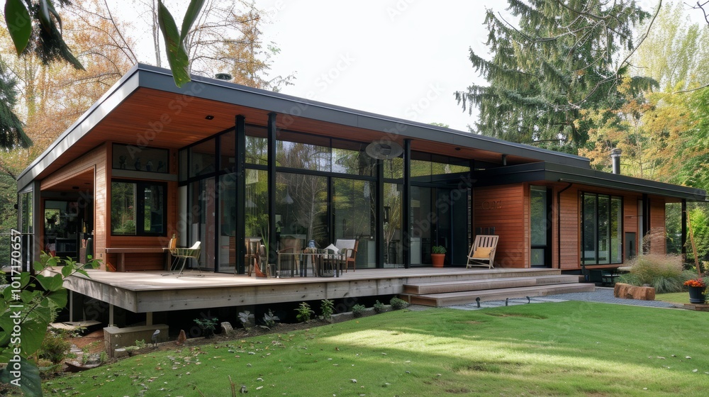 Luxurious modern glass and wood home surrounded by lush forest landscape Luxurious modern glass and wood home surrounded by lush forest landscape