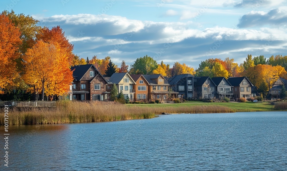 Trees and shoreline with row of houses along a lake front Trees and shoreline with row of houses along a lake front
