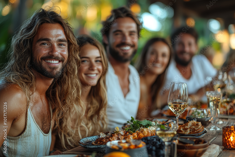 A family sharing a meal at a large table, everyone smiling and talking, surrounded by love. Concept of family happiness. A family sharing a meal at a large table, everyone smiling and talking, surrounded by love. Concept of family happiness.