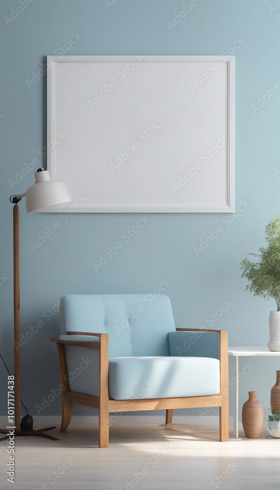 Fototapeta premium White armchair with wooden accents placed beside a blank picture frame on a light blue wall in this