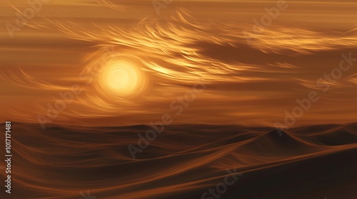 A fiery sunset casts a warm glow over a vast desert landscape, with swirling clouds creating a dramatic and ethereal atmosphere. Generative Ai