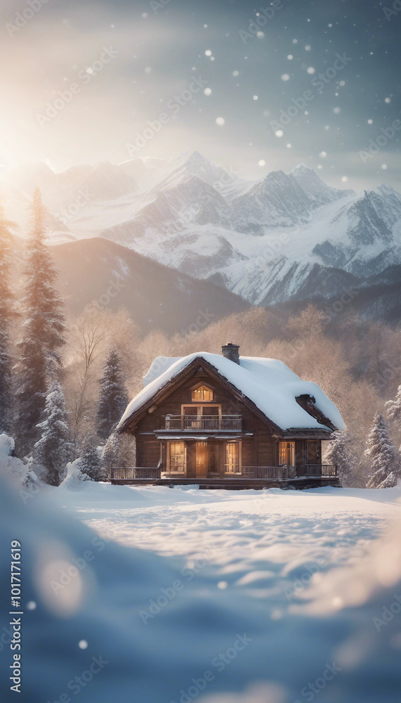 Winter landscape with wooden house and snowy mountains Postcard collage with DOF bokeh light vertica Winter landscape with wooden house and snowy mountains Postcard collage with DOF bokeh light vertica