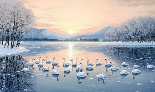 View of whooper swans on the serene Lake Kussharo with reflections in winter