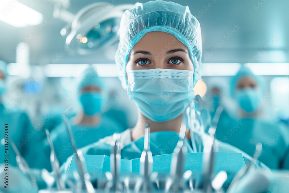 In a bustling dental clinic, a focused dental assistant readies various instruments while wearing scrubs and a mask, ensuring an optimal care environment for patients In a bustling dental clinic, a focused dental assistant readies various instruments while wearing scrubs and a mask, ensuring an optimal care environment for patients
