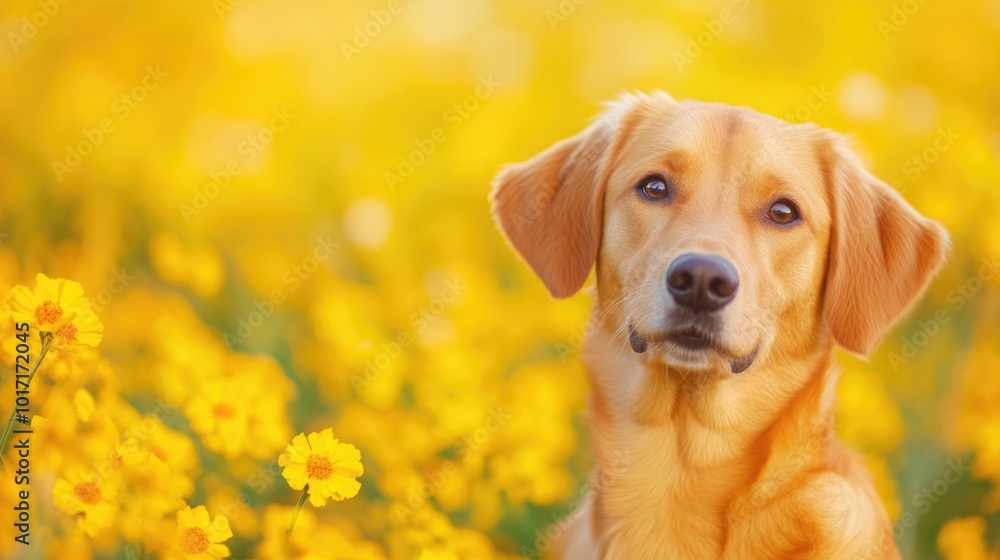 Golden Retriever Among Vibrant Yellow Blossoms Golden Retriever Among Vibrant Yellow Blossoms
