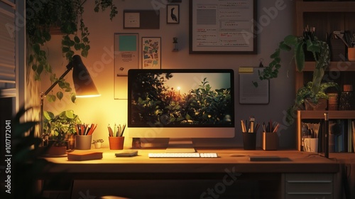 Modern workspace with computer and desk lamps