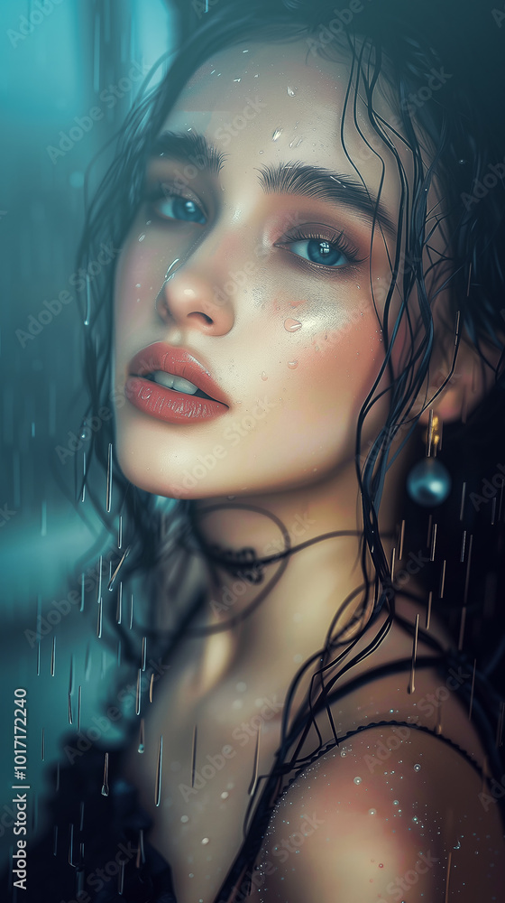 Portrait of an attractive young woman with dark hair posing in the rain at dusk. Proudly raising her head, the girl confidently looks in front of her Portrait of an attractive young woman with dark hair posing in the rain at dusk. Proudly raising her head, the girl confidently looks in front of her