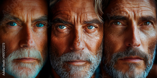 Three portraits of elderly men with various expressions, shot against a dark background. Suitable for senior care, healthcare, life experience, or aging awareness campaigns.