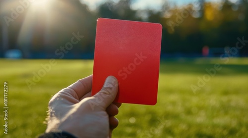 red card in hand in football raised up close up photo