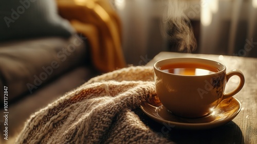 A close-up shot of a steaming cup of tea on a wooden table, with a cozy blanket draped over the chair