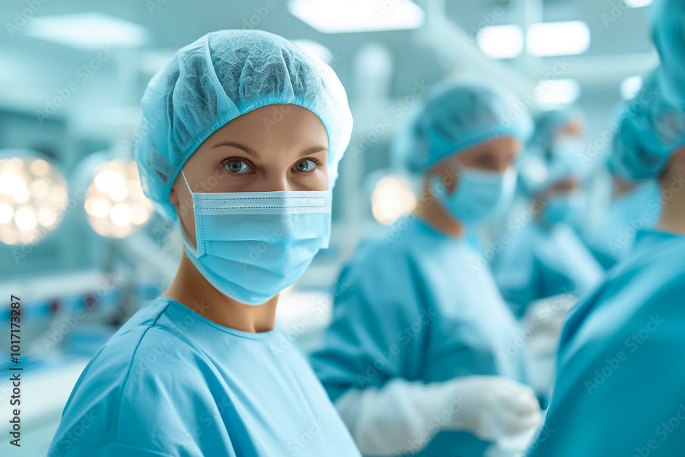 With focused eyes, the dental assistant in scrubs and a mask readies herself for the days tasks in a bustling dental clinic full of activity With focused eyes, the dental assistant in scrubs and a mask readies herself for the days tasks in a bustling dental clinic full of activity