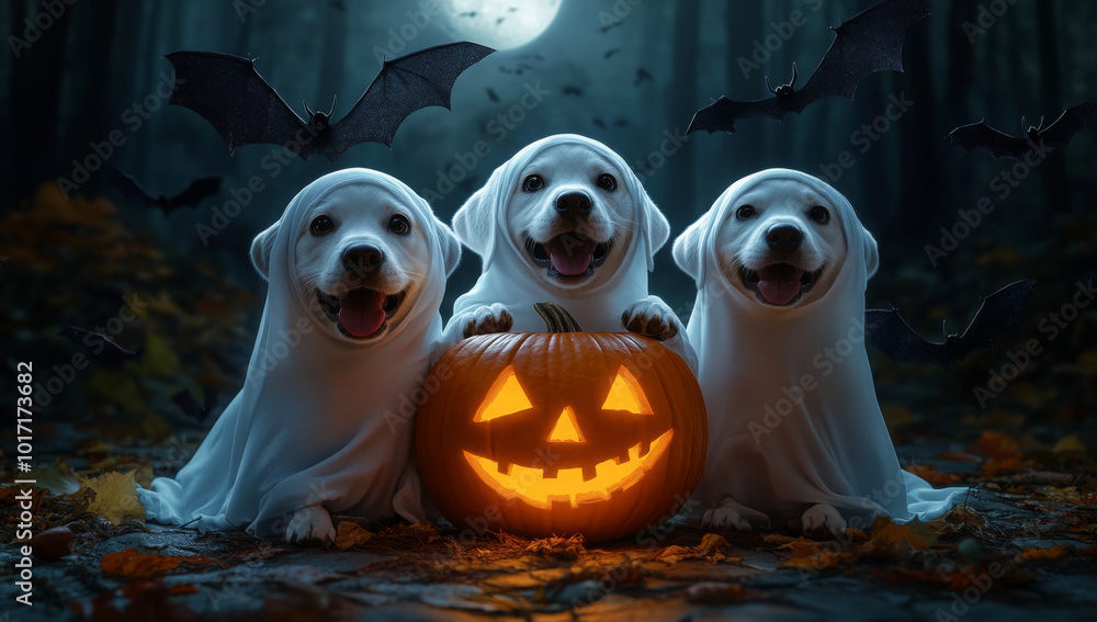 Four dogs dressed as ghosts, sitting together with a pumpkin, on a dark Halloween night with a crescent moon, bats, and spiders creating a scary but charming atmosphere. 