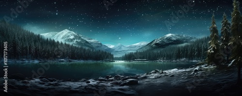 Frozen lake in snowy mountains landscape with night sky. Beautiful scenic background. Travel and tourism concept. Adventure and exploration. Winter season. Panoramic view