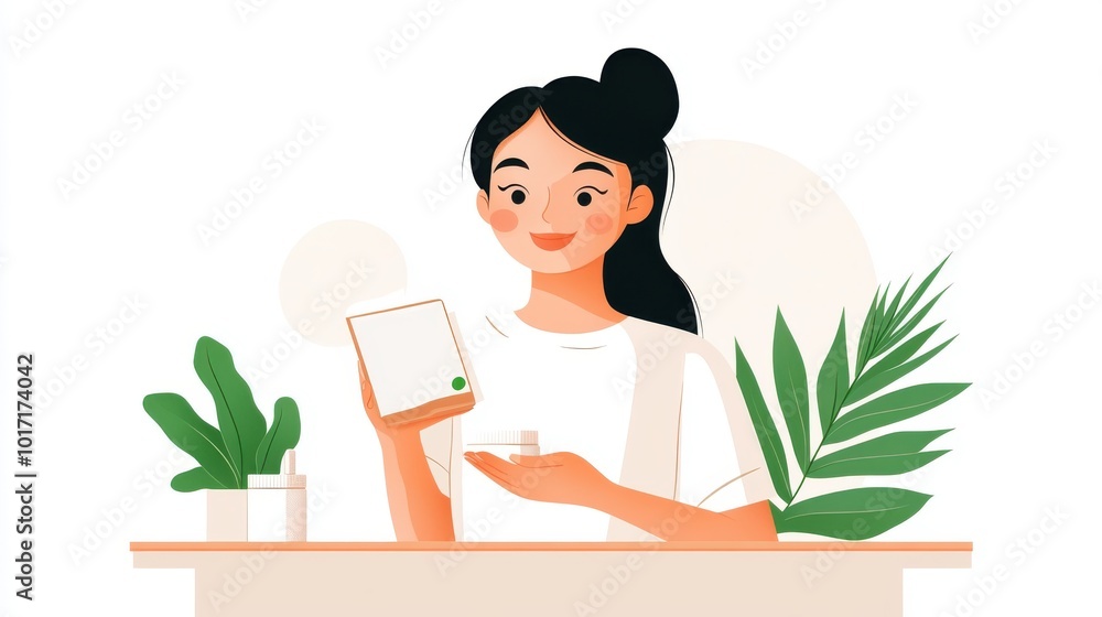 A sleek illustration featuring a woman presenting a skincare product in a bright setting, capturing innovation and sophistication in a modern artistic style. A sleek illustration featuring a woman presenting a skincare product in a bright setting, capturing innovation and sophistication in a modern artistic style.