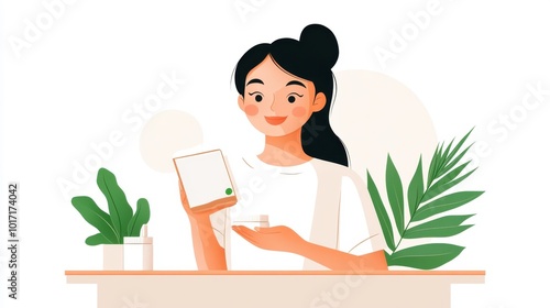 A sleek illustration featuring a woman presenting a skincare product in a bright setting, capturing innovation and sophistication in a modern artistic style.