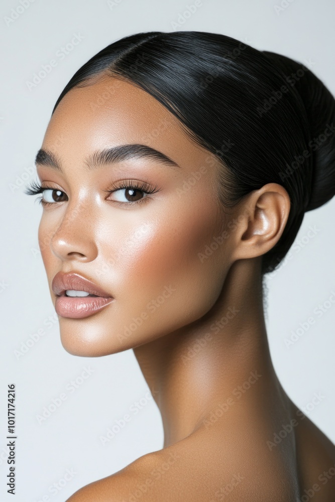 Φωτογραφία A stunning close-up portrait of a beautiful woman showcasing flawless skin and elegant features