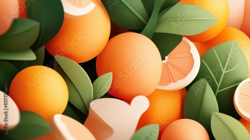 A visually engaging digital collage of oranges interspersed with green leaves, encircling abstract geometric shapes, exhibiting a dynamic, colorful composition. photo