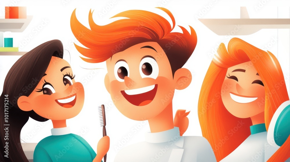 Three animated characters, each with distinct hair colors and styles, joyfully pose in a salon setting, showcasing modern hairstyles and vibrant expressions. Three animated characters, each with distinct hair colors and styles, joyfully pose in a salon setting, showcasing modern hairstyles and vibrant expressions.