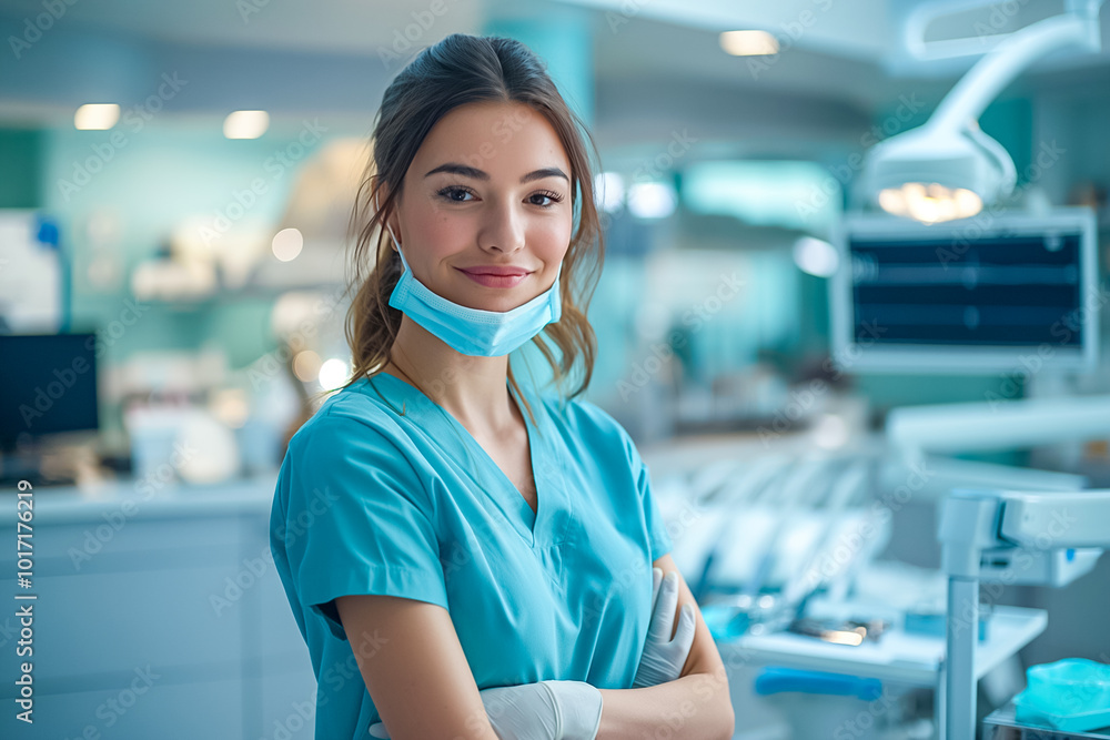 In a bright, well-equipped dental clinic, a confident dental assistant wears scrubs and a mask while offering a warm smile, ready to assist with patient care In a bright, well-equipped dental clinic, a confident dental assistant wears scrubs and a mask while offering a warm smile, ready to assist with patient care