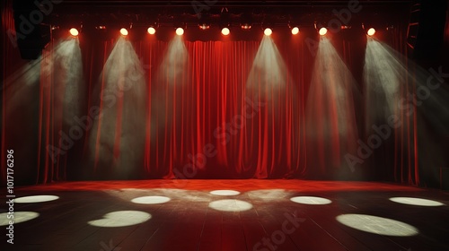 A scene with a red curtain and spotlights on an empty stage, suitable for concerts, shows, and live performances