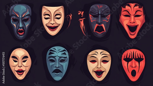 A set of vector icons depicting theatrical comic and tragic masks, suitable for masquerade and theater themes photo