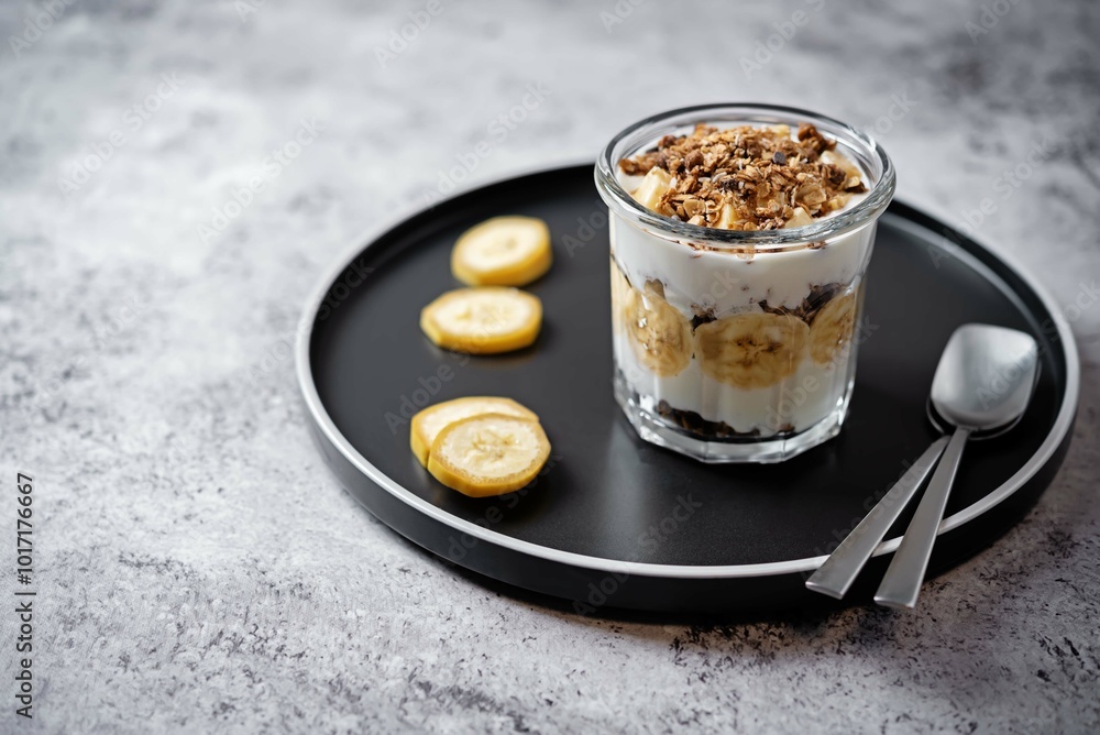 Chocolate granola banana slices greek yogurt parfait in a glass Chocolate granola banana slices greek yogurt parfait in a glass