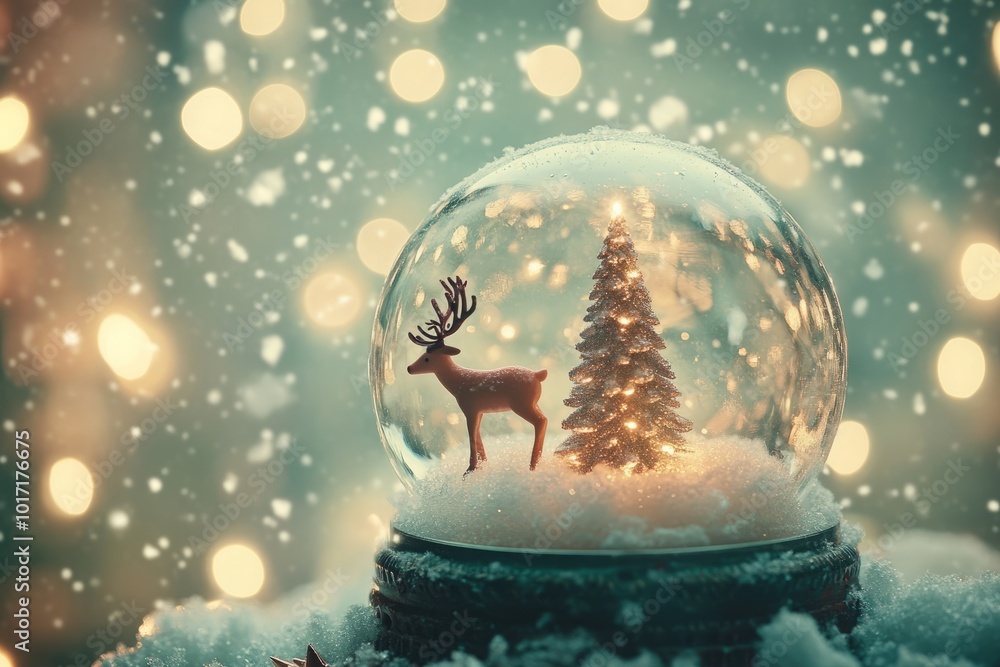 A whimsical snow globe with a tiny reindeer and Christmas tree inside, surrounded by falling snow and warm, soft bokeh lights A whimsical snow globe with a tiny reindeer and Christmas tree inside, surrounded by falling snow and warm, soft bokeh lights