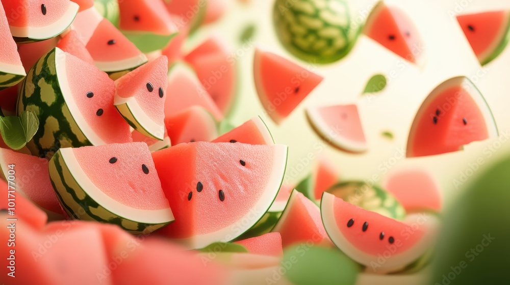 This artwork showcases abundant watermelon pieces with floating green leaves and seeds, offering a delightful sense of movement and freshness in its composition. This artwork showcases abundant watermelon pieces with floating green leaves and seeds, offering a delightful sense of movement and freshness in its composition.