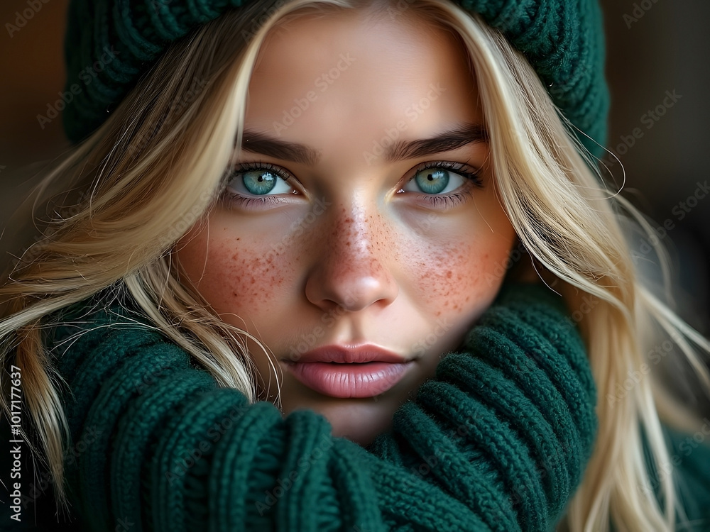 Beautiful blonde girl with green eyes and freckles bundled up in warm sweater Beautiful blonde girl with green eyes and freckles bundled up in warm sweater