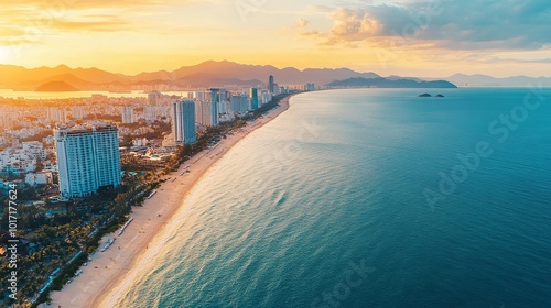 Vietnam's Nha Trang Aerial view of the five-star Vinpearl resort in Nha Trang, Vietnam captured by a drone or flycam. It is a well-liked travel location.