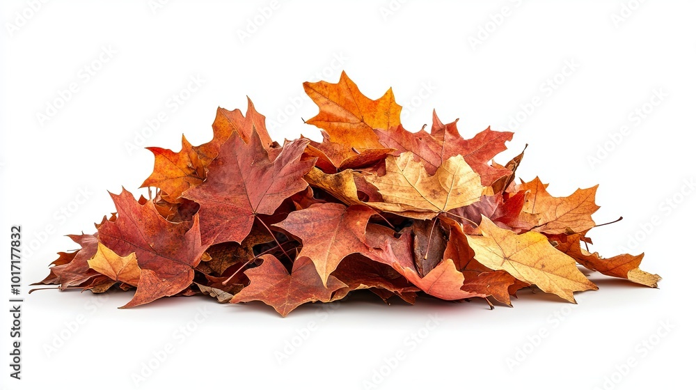 Isolated autumn-colored leaf pile against a white backdrop.a large variety of dry maple leaves.Fall foliage is ablaze with vibrant red hues. Isolated autumn-colored leaf pile against a white backdrop.a large variety of dry maple leaves.Fall foliage is ablaze with vibrant red hues.